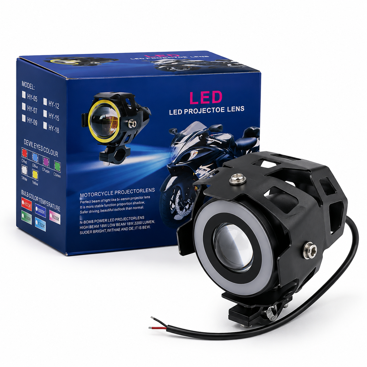 پروژکتور LED لنزدار موتورسیکلت Royal دی لایت دار با نور زرد و سفید