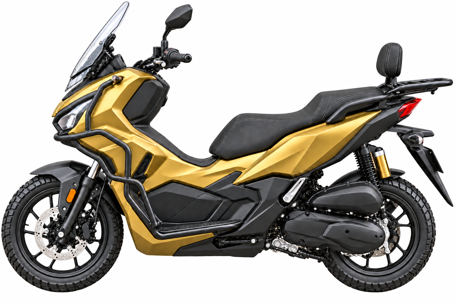 موتور ADV 150 طلایی با گارد جلو، ترک‌بند و بک‌رست